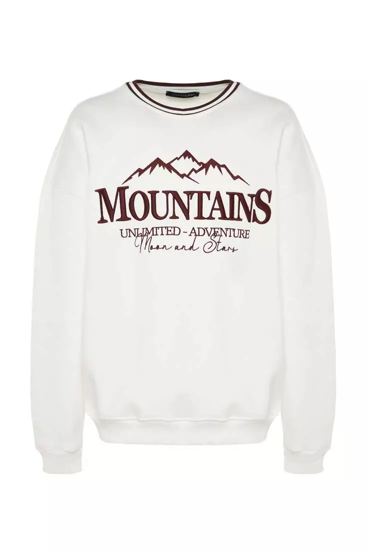 Stripe Neckline with Embroidered Text, Fleece Inside Sweatshirt