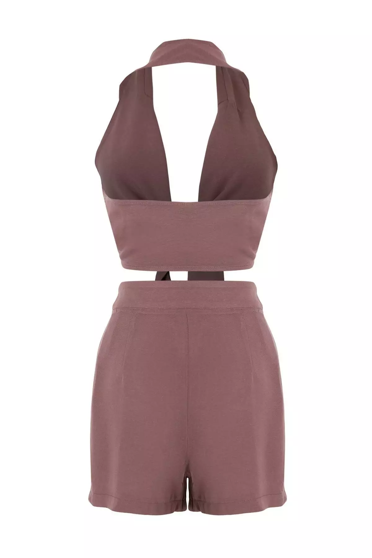 Dark Brown Woven Tie Detail Beach Mini High Waist Blouse-Shorts Set Tbess21Au298