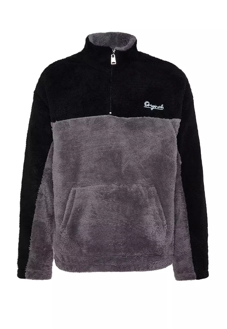 Stand Collar Zipper Color Block Color Block Thick Fleece/Plush Sweatshirt with Minimal Embroidery.