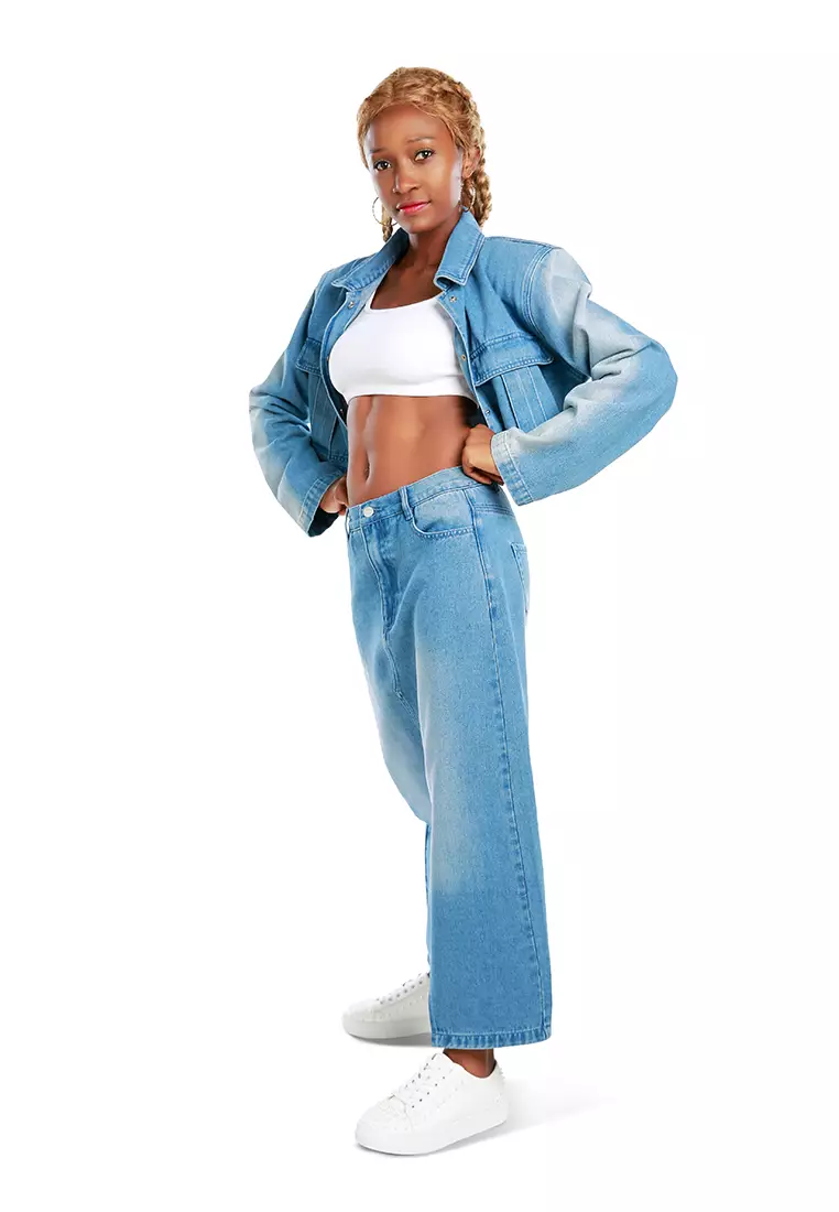 中蓝色纯色垫肩牛仔夹克