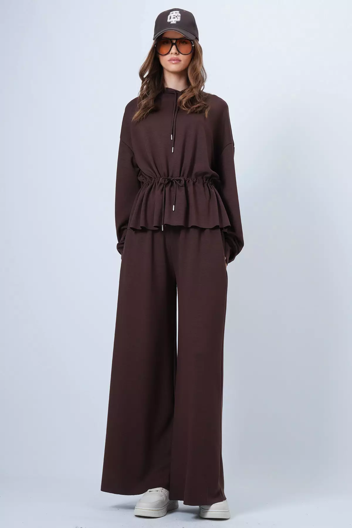 Bitter Brown Hooded Drawstring Waist Modal Blouse And Pants Set Alc-X14668