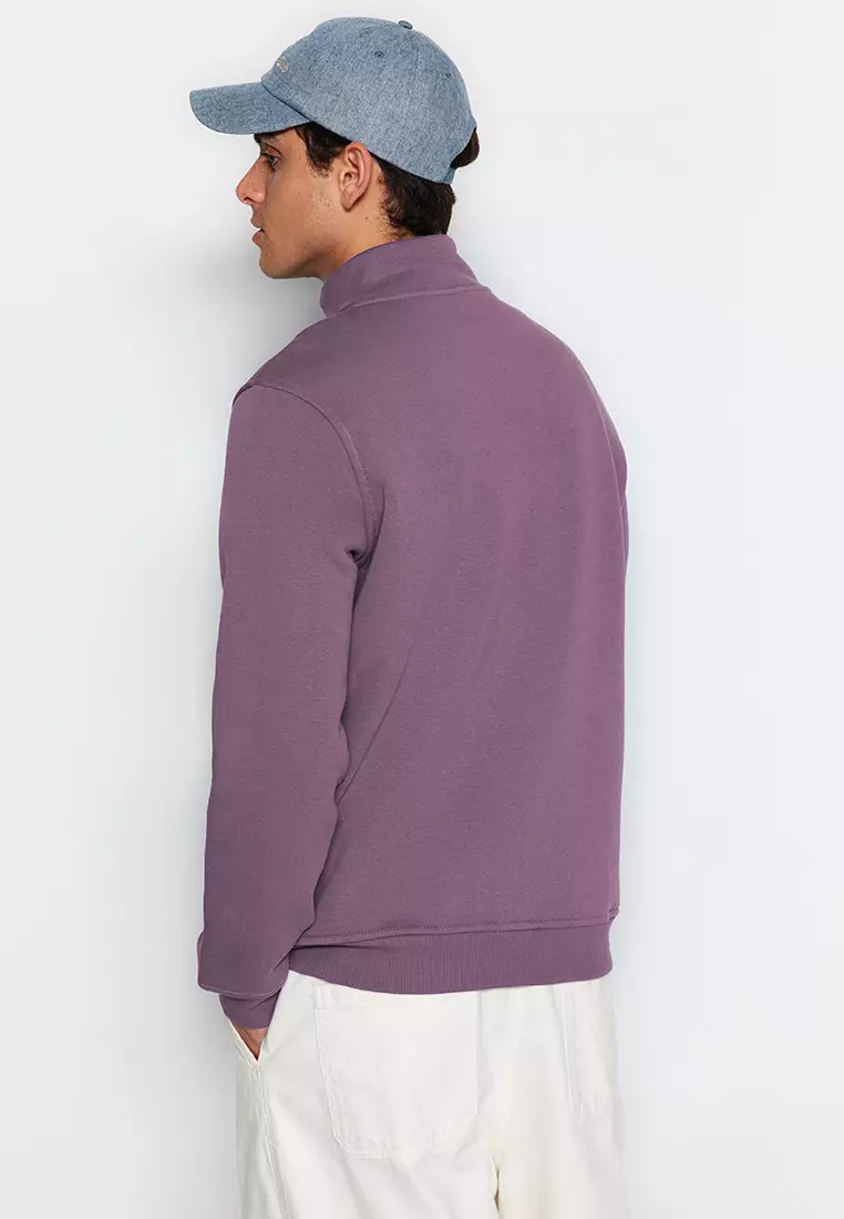 Purple Regular/Normal Cut Stand Collar Zippered Cotton Basic Polar Fleece Sweatshirt TMNAW24SW00041