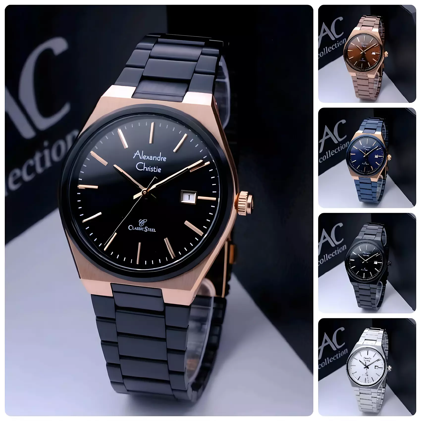 Alexandre Christie Classic Steel - Jam Tangan Analog Pria - Black Rose Gold - All Stainless Steel - 8713 MDFBRBA