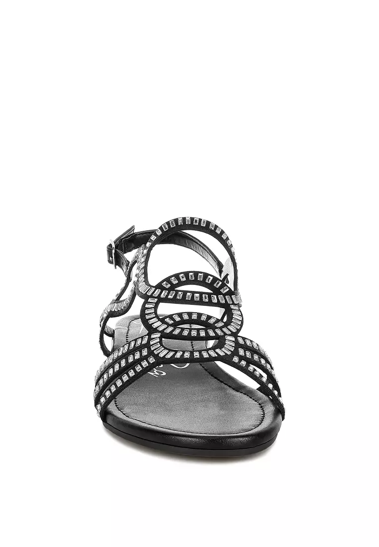 Cut Out Detail Rhinestone Flat Sandals in Black