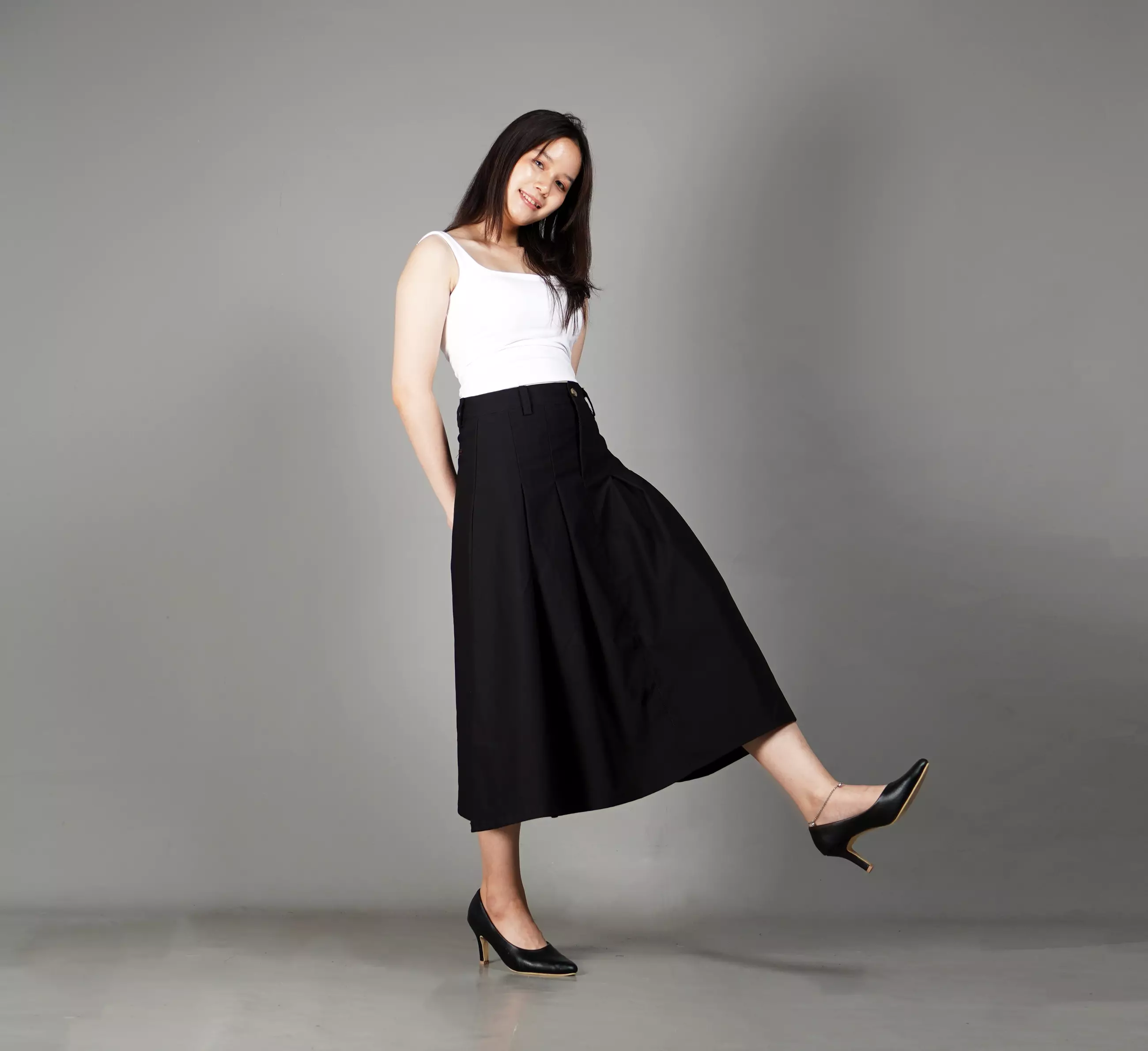 RUBY Rok A-Line Skirt Midi Skirt Rok Lipat Rok Highwaist 3/4 - HITAM