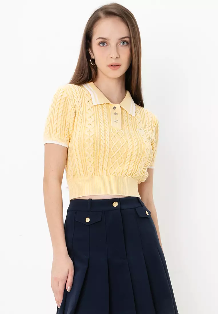 Cable Knit Cropped Polo Top - Tommy Jeans