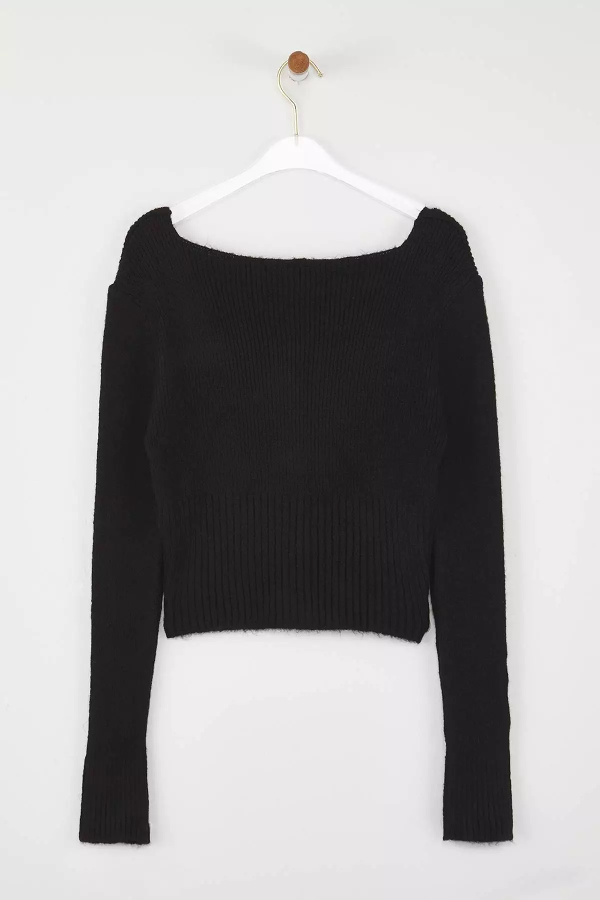 Black Crop Square Neck Knitwear Soft Texture Fitted/Body Hugging Cardigan