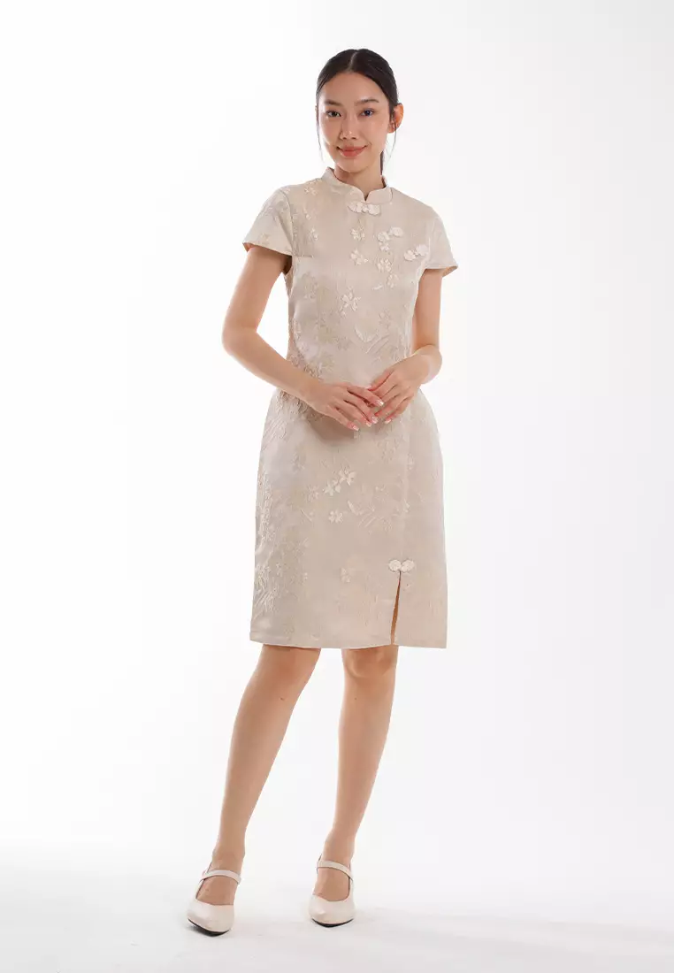 Forest Ladies CNY Cheongsam Jacquard Short Sleeve Dress - 885141-15Beige