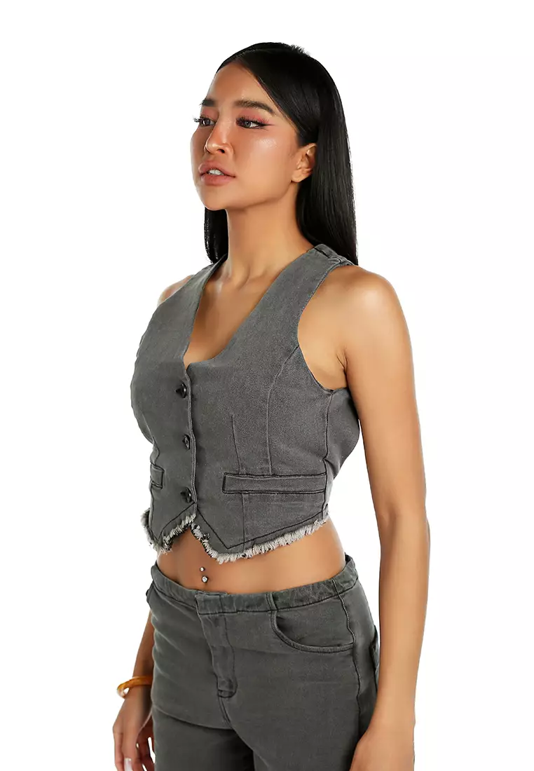 Backless Denim Waistcoat In Washed Black