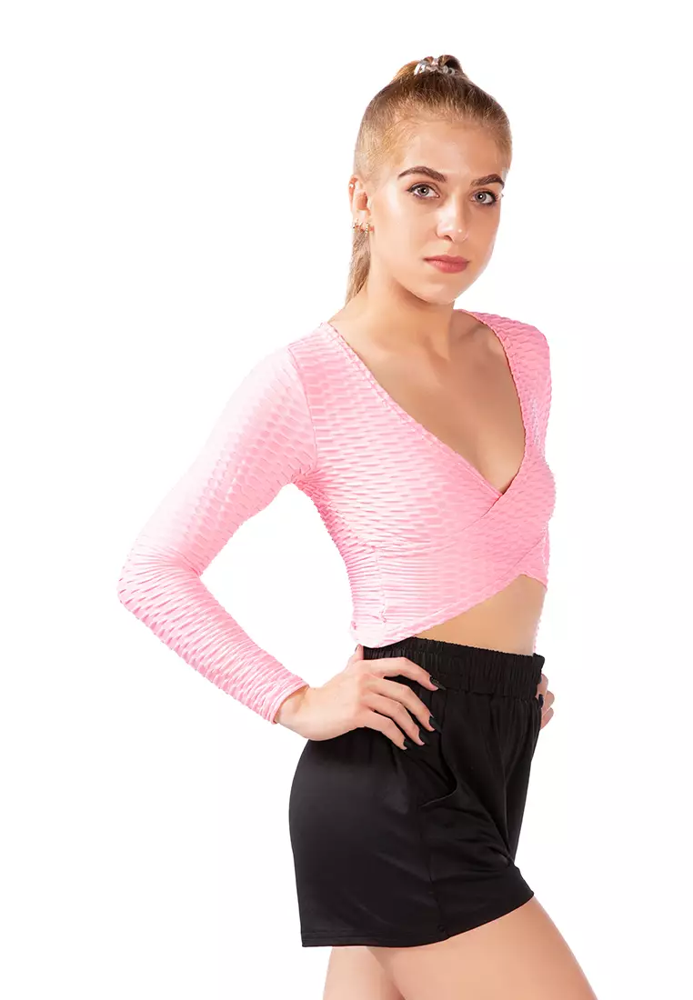 V-Neck Wrap Yoga Crop Top dalam warna Pink