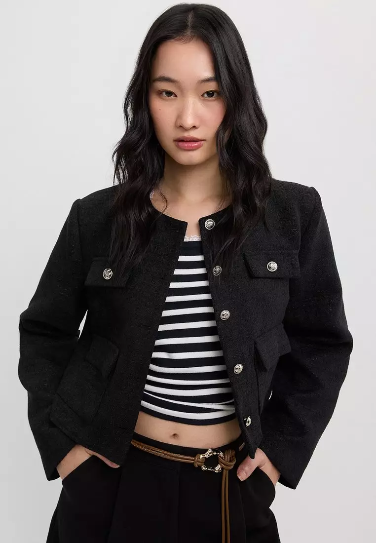 Round Neck Long Sleeve Tweed Jacket - Black