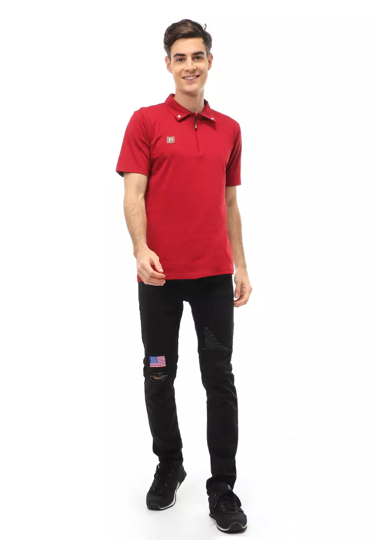 Jack Atasan Casual Pria T-Shirt Kaos Polo Resleting Short Sleeve Material Cotton ORIGINAL - Maroon