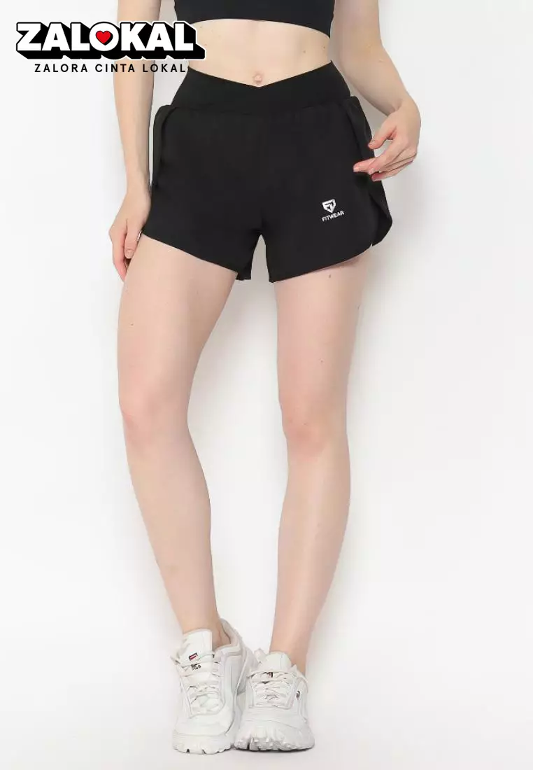 Fitwear - Celana Pendek + Inner Olahraga Wanita MELINDA CROSS WAIST SHORT - BLACK