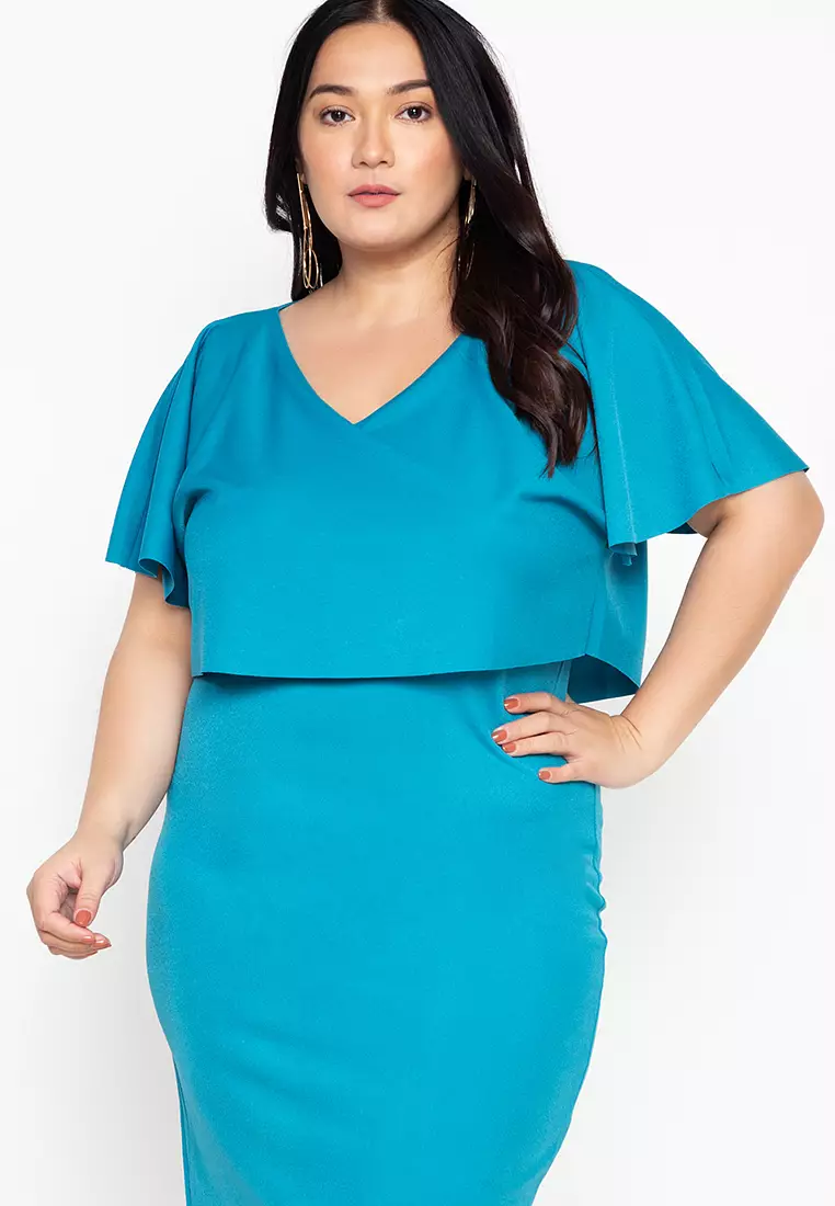 Buy Curvy Plus Size Cape Sleeves Plain Sheath Dress 2024 Online
