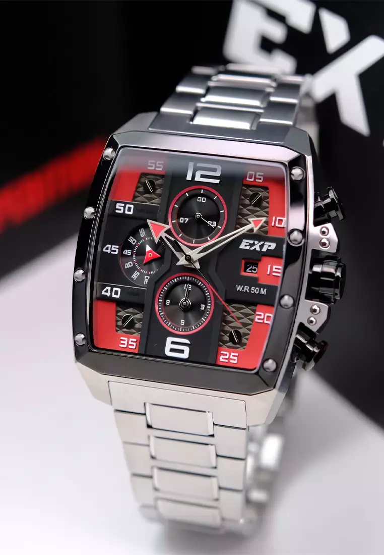 Expedition EXP - Jam Tangan Chronograph Pria - Silver Case Red Dial - Stainless Steel - 6636BCBTBRE