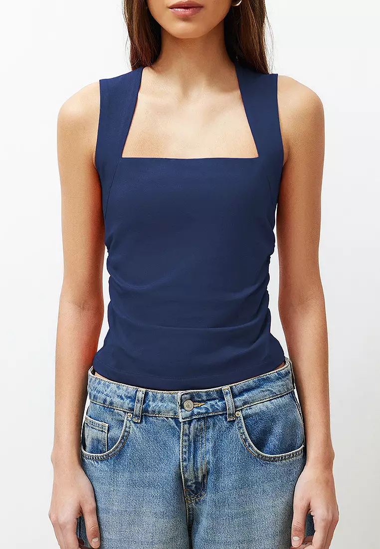 Indigo Plain Square Neck Strappy Gathered Fitted Flexible Knitted Blouse