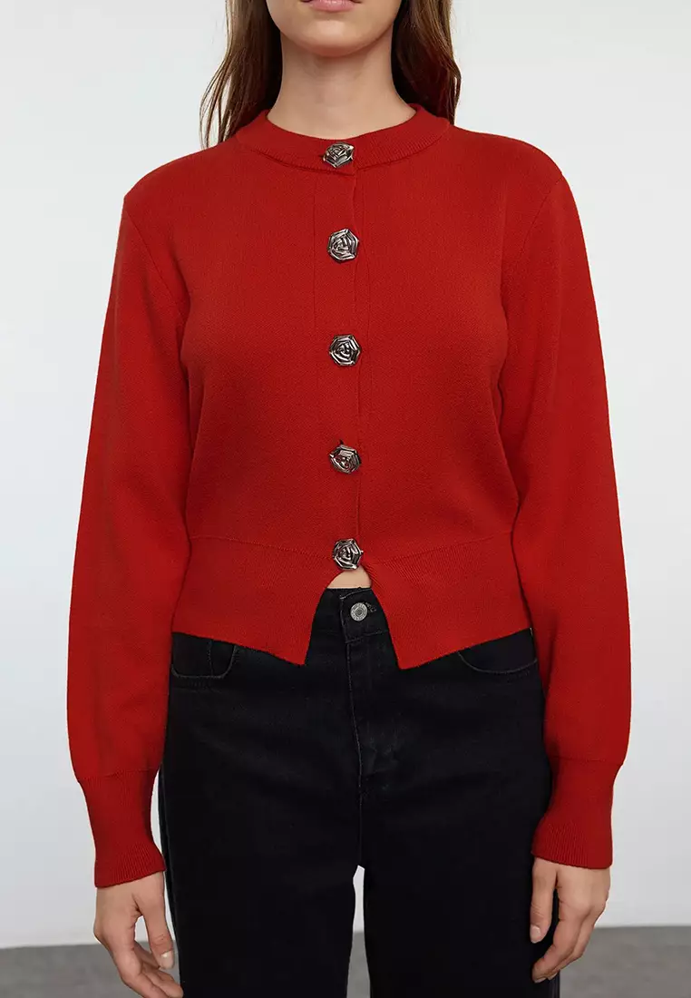 Dark Red Premium Yarn/Special Yarn Crop Rose Button Jacket Look Knitwear Cardigan Twoaw25Hi00110