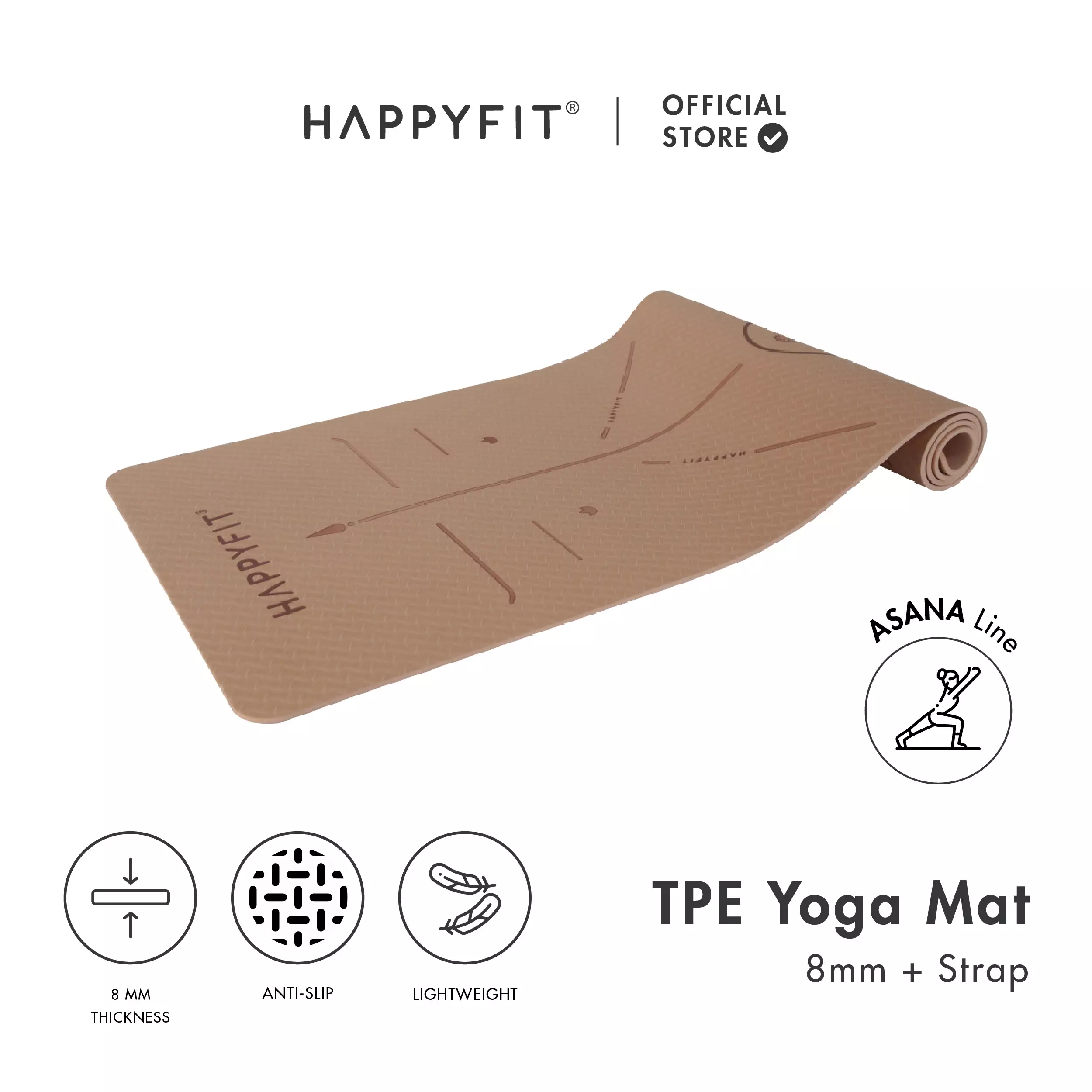 HAPPYFIT Yoga Mat Asana TPE 8mm Free Strap Coffee