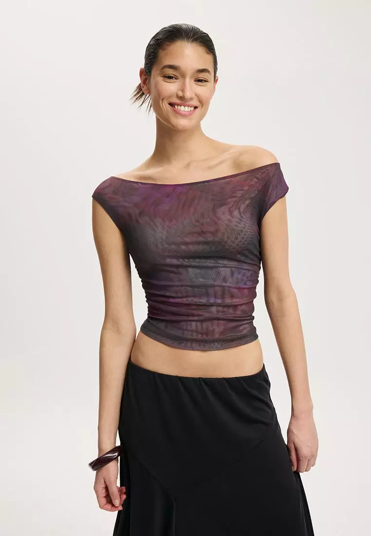 Gathered Mesh Off Shoulder Top