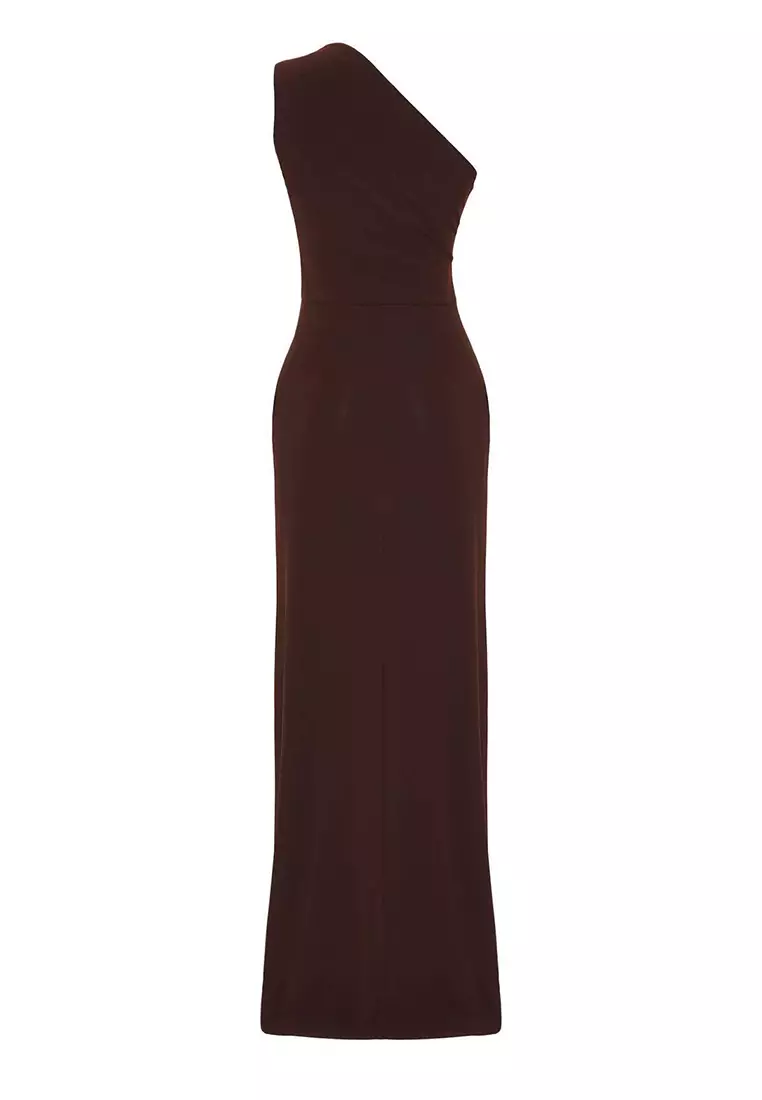 Brown Body Fitting Accessory Detail Knitted Long Stylish Evening Dress