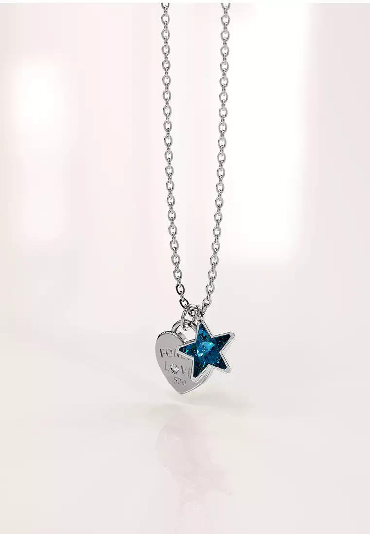 Solid 925 Sterling Silver Heart-Shaped Pendant and Bermuda Blue Necklace Embellished with Crystals from SWAROVSKI®