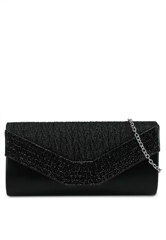 Pleated Dinner Clutch With Glittering Stones & Crystal Embellishment
