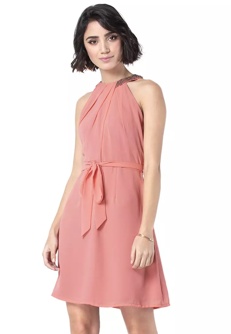 Pink Embellished Neck A Line Dress