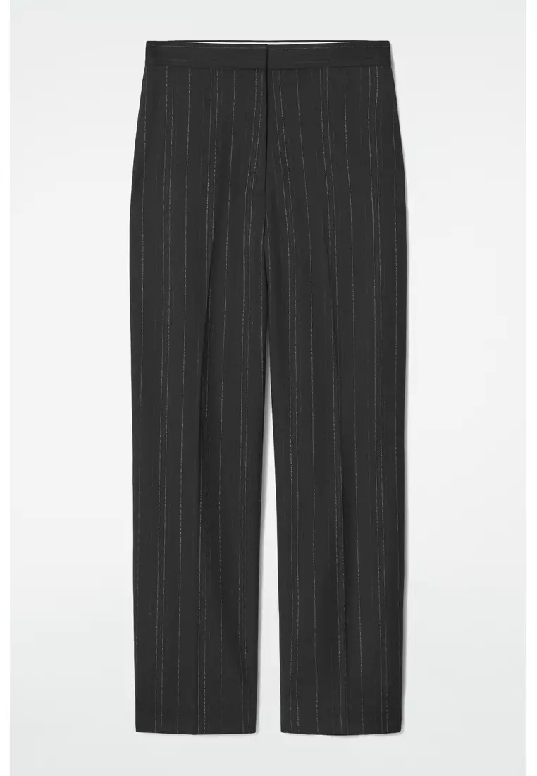 RELAXED PINSTRIPED BARREL-LEG TROUSERS