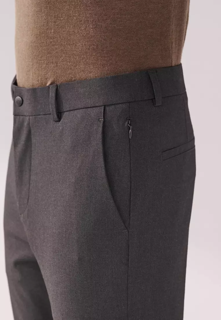 Dark Gray Slim-Fit Four-Way Stretch Casual Pants