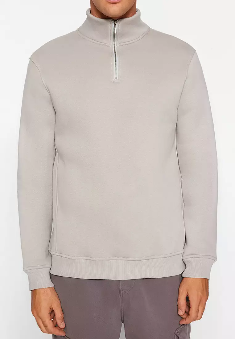 Grey Regular/Normal Cut Stand Collar Zippered Cotton Basic Inside Polar Fleece Sweatshirt TMNAW24SW00041