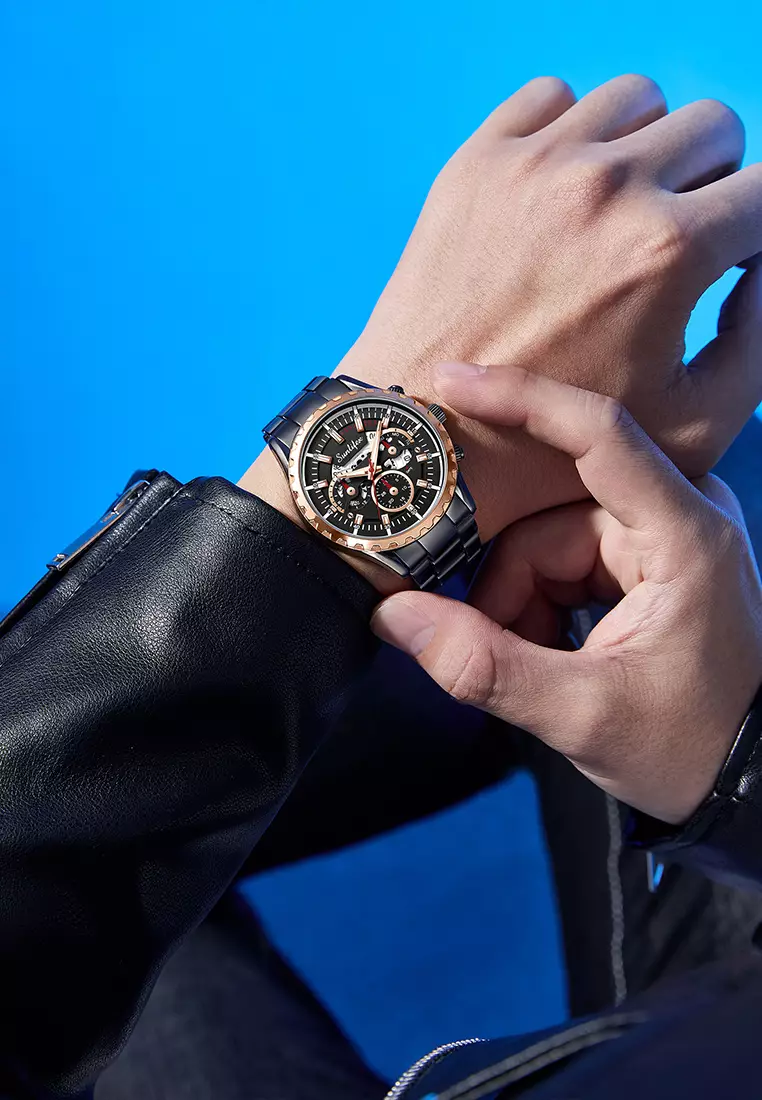 Jam Tangan Pria 8081 Kuarsa Hollow Design Kalender Tali Stainless Steel Jam Tangan Cowok blackgold