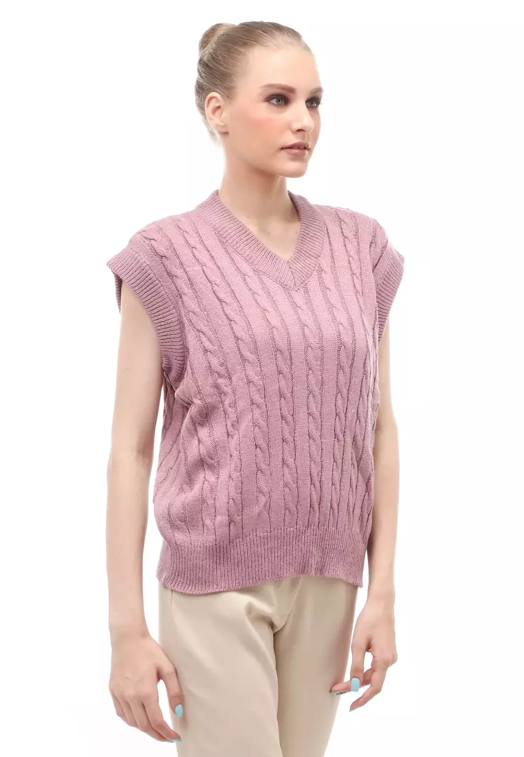 Urice Vest Rajut Atasan Wanita V-neck Sleeves Design Elegant - Lavender