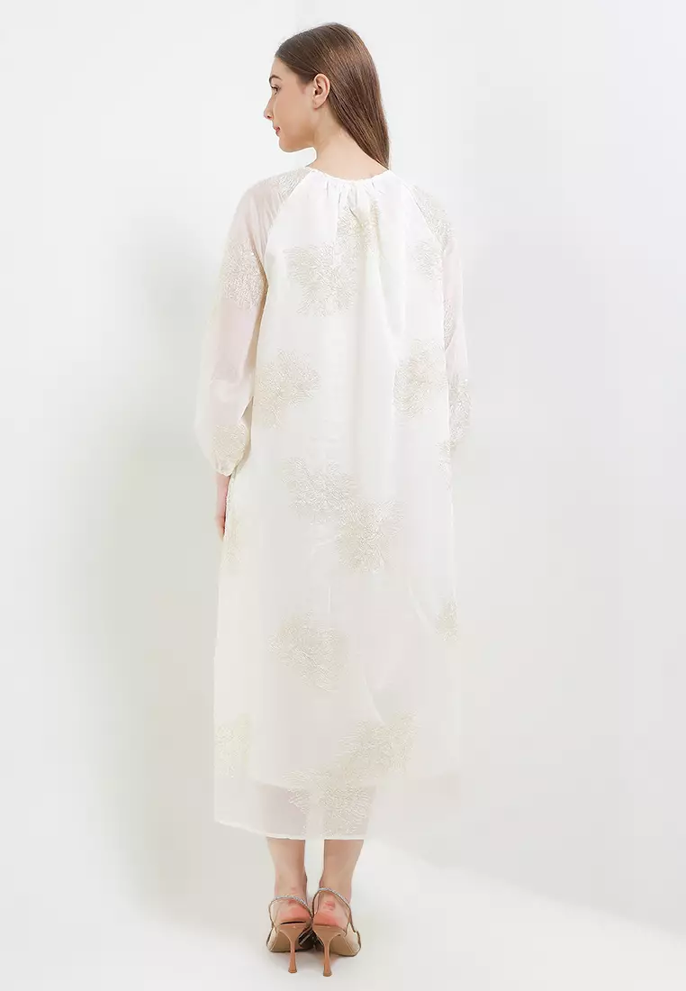 Long Puff Sleeves Seq Details Peony Emb Dress