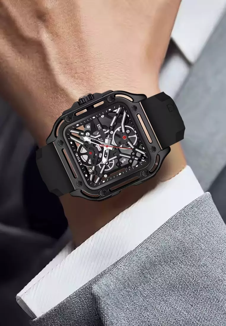 Unisex See Through Dial Square Quartz Watch 45mm, Black Rubber Strap