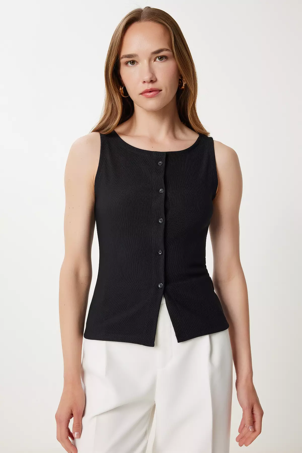 Women's Black Buttoned Flexible Ribbed Knitted Vest Zv00325