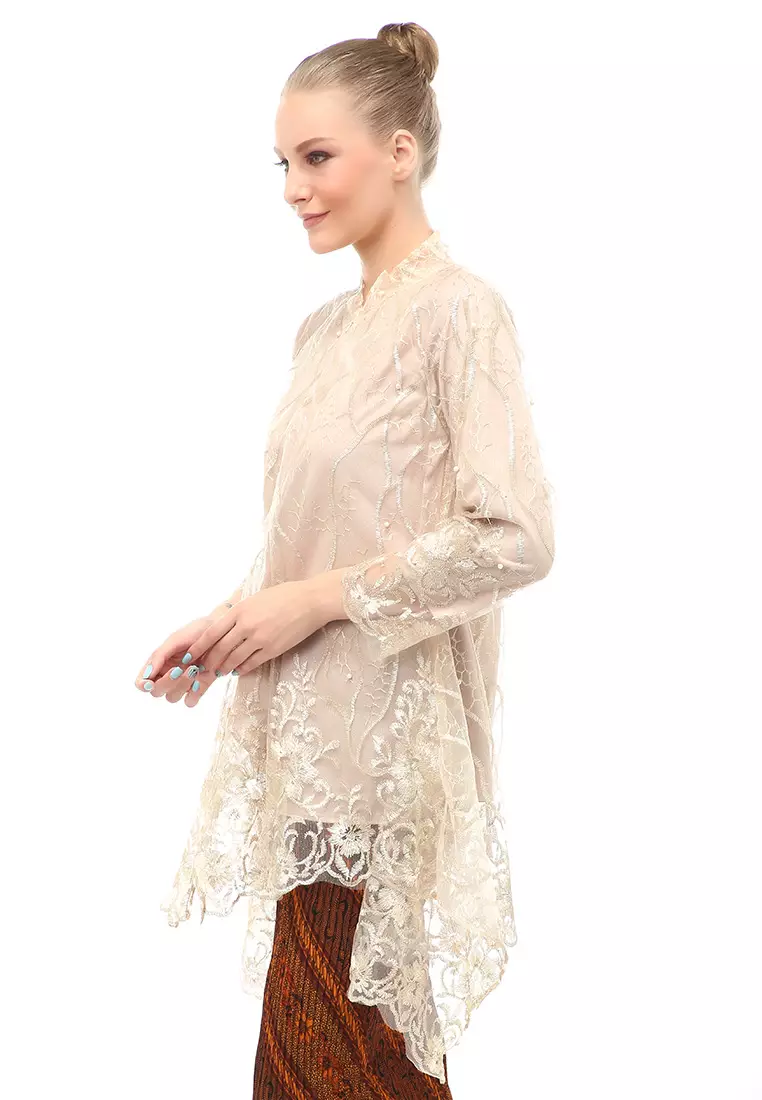 Kebaya Tunik Atasan Wanita Design Tulle Premium Quality - Coklat Susu