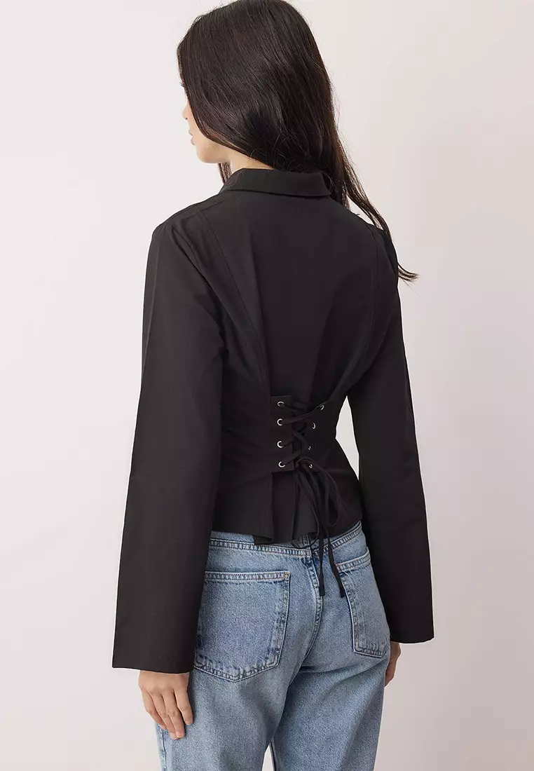 Black Corset Detailed Fitted Waist Shirt Twoaw26Go55