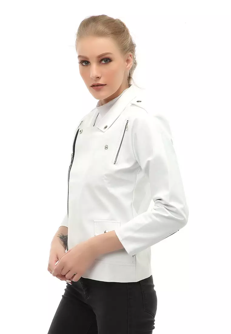 Glenice Jaket Kulit Casual Wanita Windproof Stylish Design Material Leather ORIGINAL - White