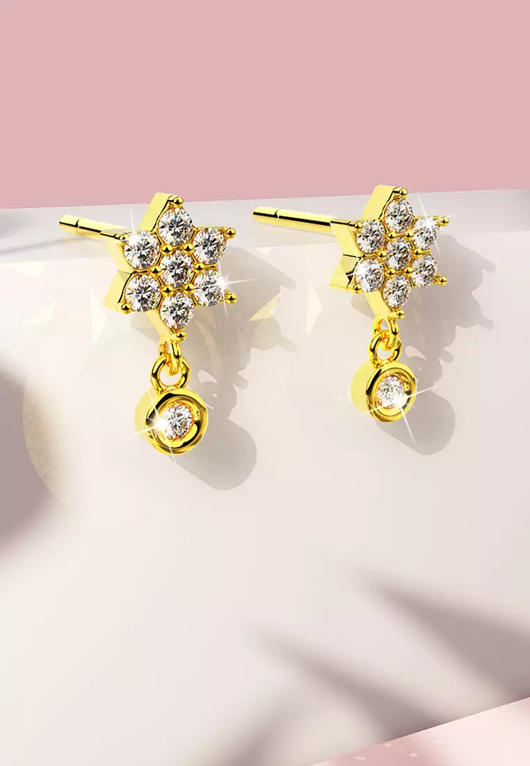 Solid 925 Sterling Silver Pretty & Petite Zircon Drop Earrings in Gold Vermeil