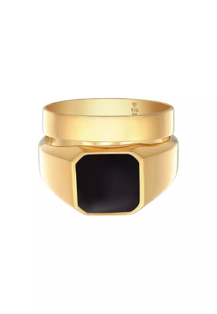 EXCLUSIVE Cincin Perhiasan Perak 925 Pria Signet Band Square Set Of 2 Enamel Gold Plated