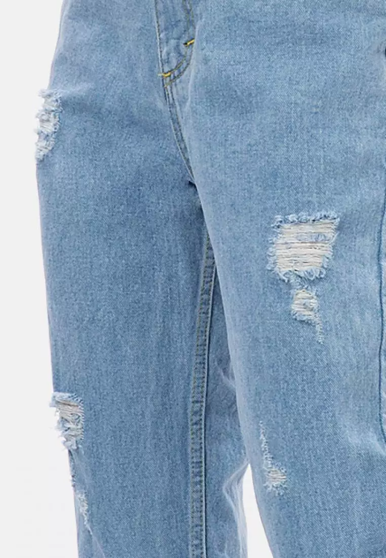 Elastic Waist Ripped Boyfriend Jeans