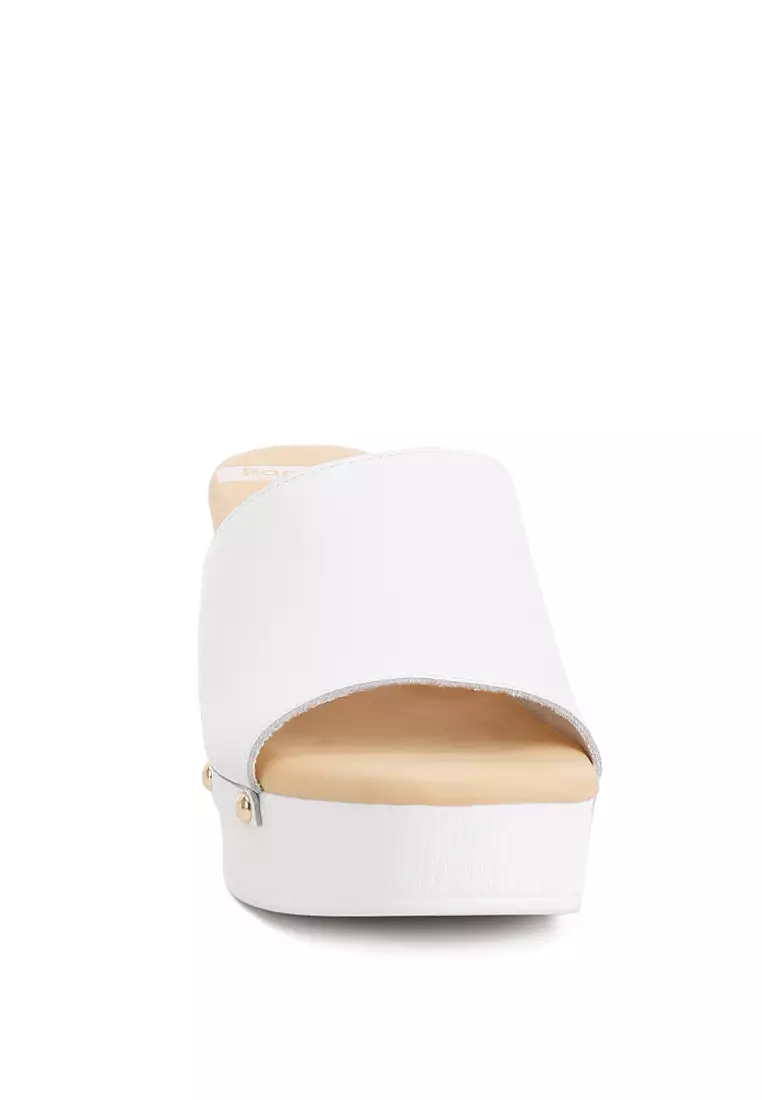 White Recycled Leather Block Heel Clogs