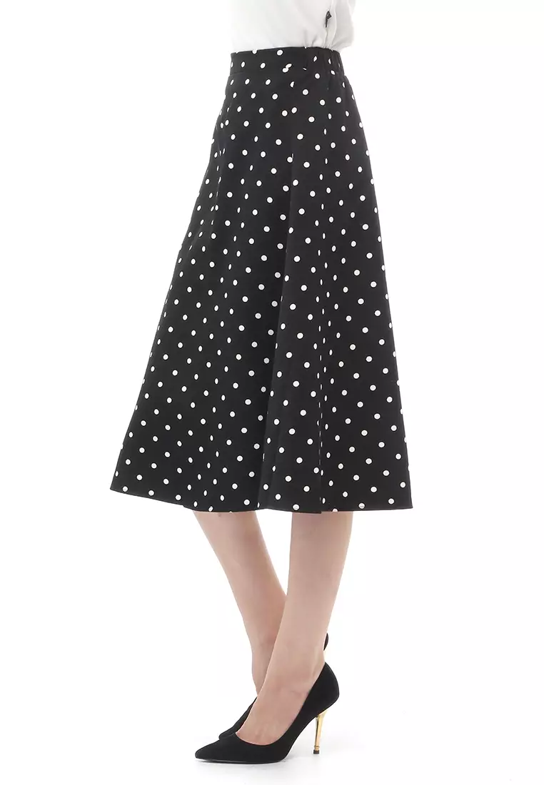 Skirt Motif Polkadot Rubbery Waist Bawahan Wanita Relaxed Fit - Black