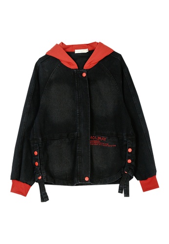 Its Me black and red Fashion Color Block Hooded Denim Jacket EB260AAA2ACC7FGS_1