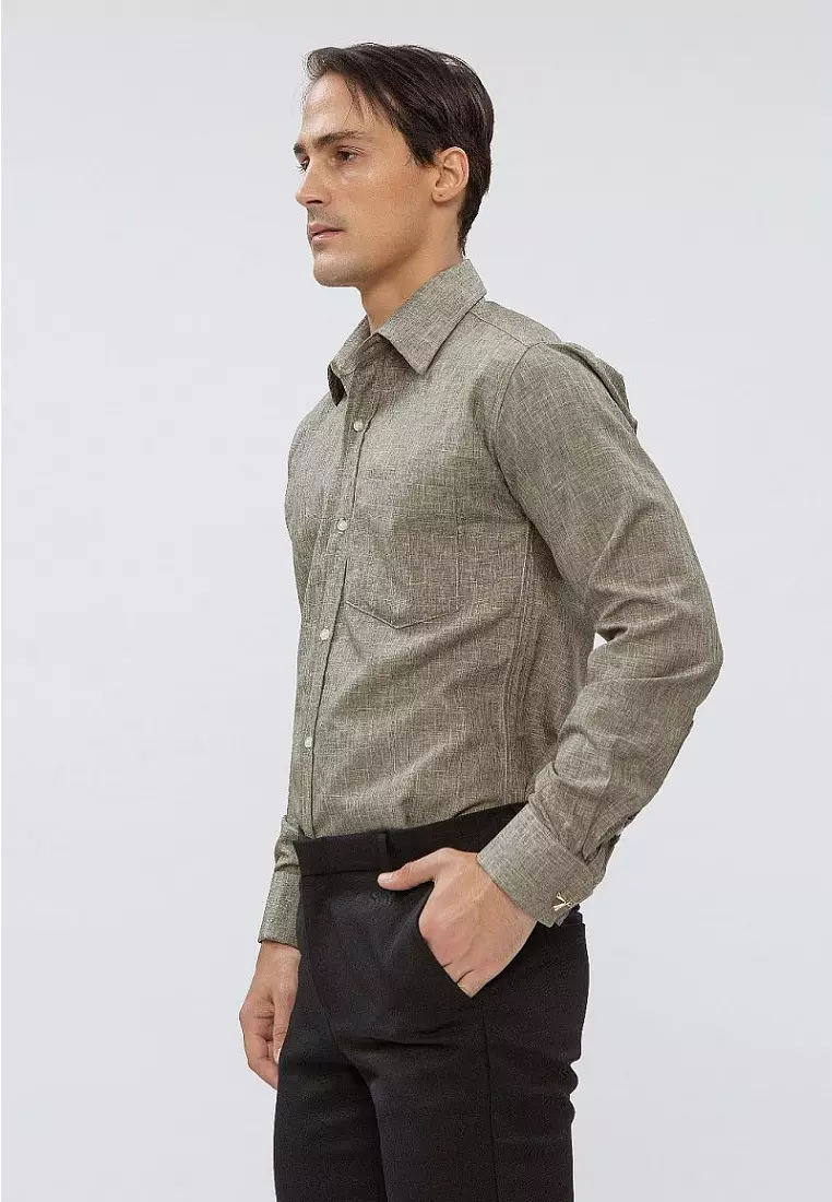 Houseofcuff Kemeja formal Kerja Slim Fit French Cuff Abu Olive