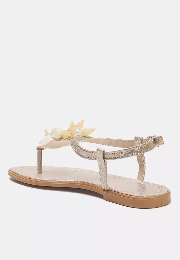 Gold Sea Shell Pearl Detailed Flip Flops Women Stylish Sandals Takss25Sd00008