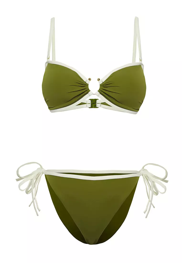 Khaki Strapless Contrast Colored Piping Accessory Regular Bikini Set