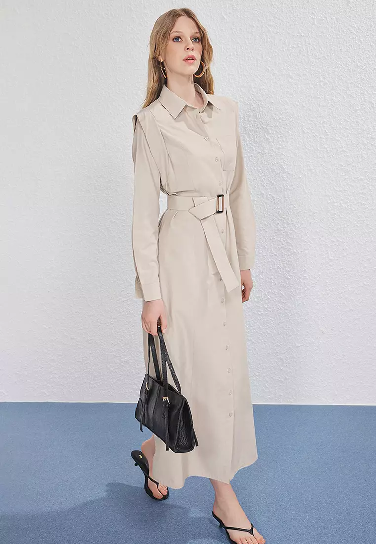 Beige Belt Buckle Detailed Woven Terrycotton Dress Tctss25Eb00134