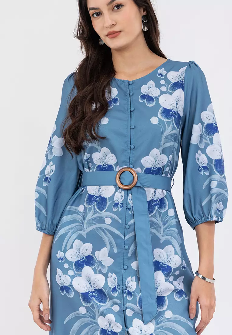 DELLENA Belted Filipiniana Dress with Print