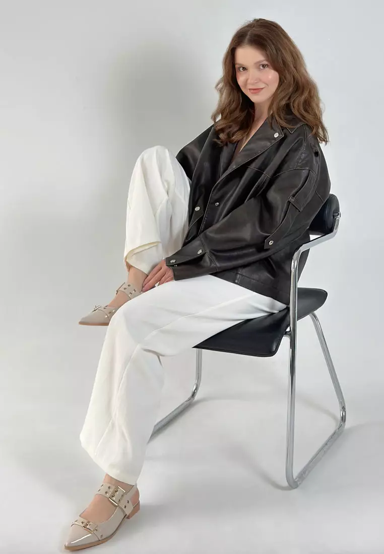 Eyelets & Buckle Detail Flats In Beige